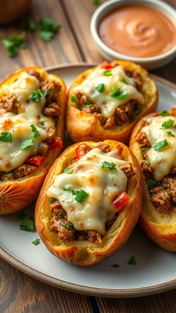 Crispy jacket potatoes filled with meat and vegetables, garnished with herbs, on a rustic table.